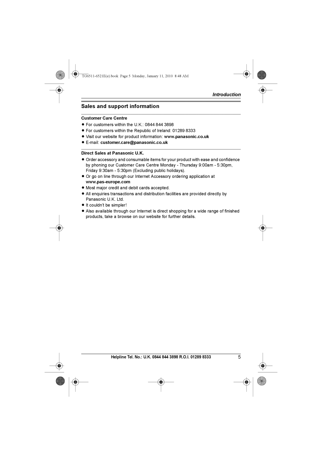 Panasonic KX-TG6521E operating instructions Sales and support information, Customer Care Centre 