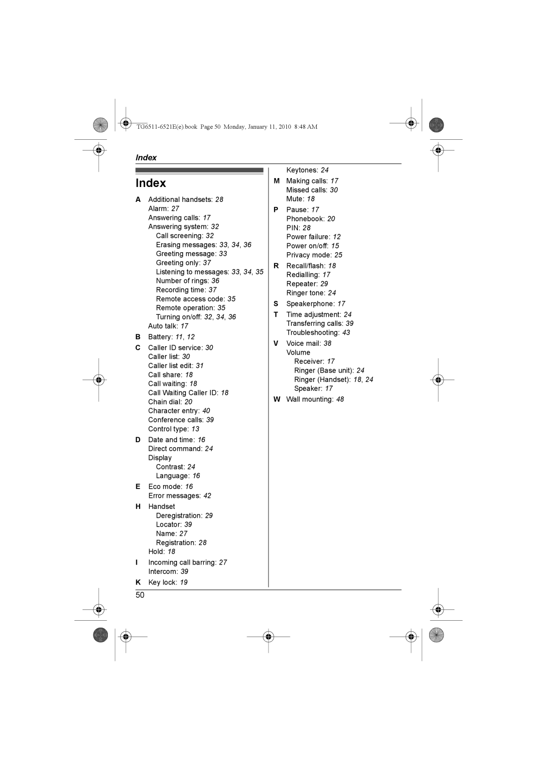 Panasonic KX-TG6521E operating instructions Index 