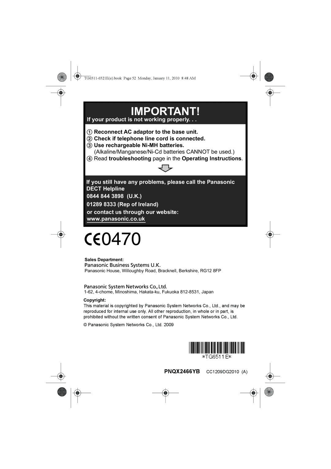 Panasonic KX-TG6521E operating instructions Sales Department, Copyright 