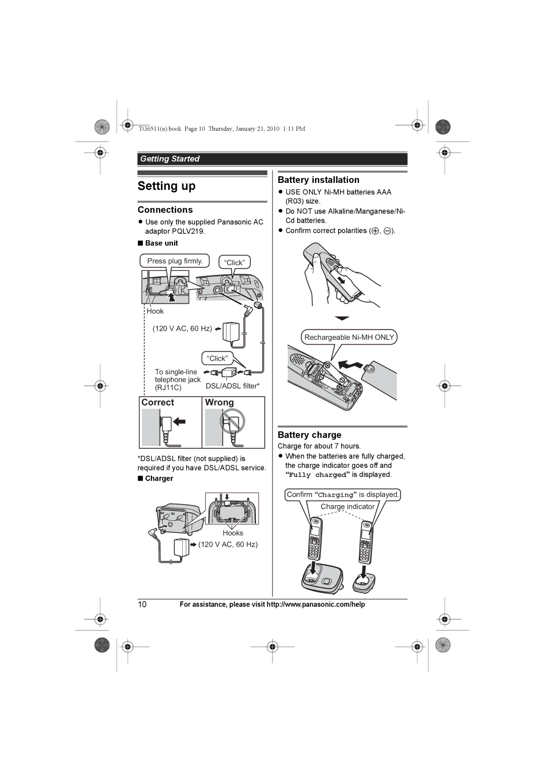 Panasonic KX-TG6544, KX-TG6523, KX-TG6522 Setting up, Connections, Correct Wrong, Battery installation, Battery charge 