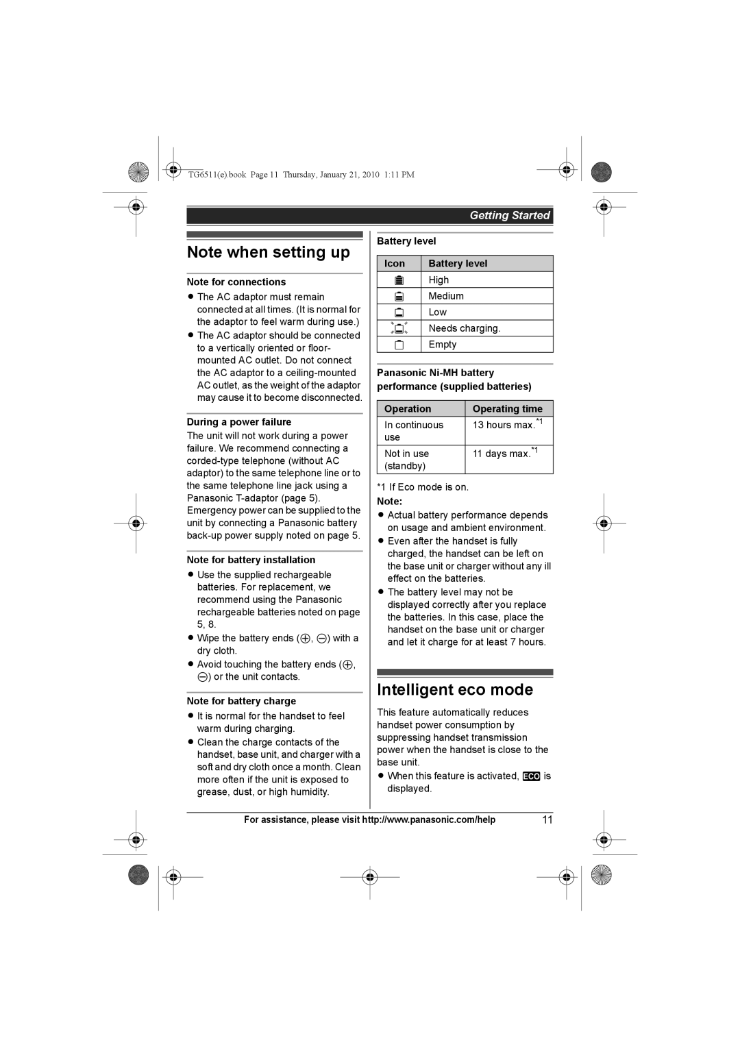 Panasonic KX-TG6532, KX-TG6523 Intelligent eco mode, During a power failure, Battery level Icon, Operation Operating time 