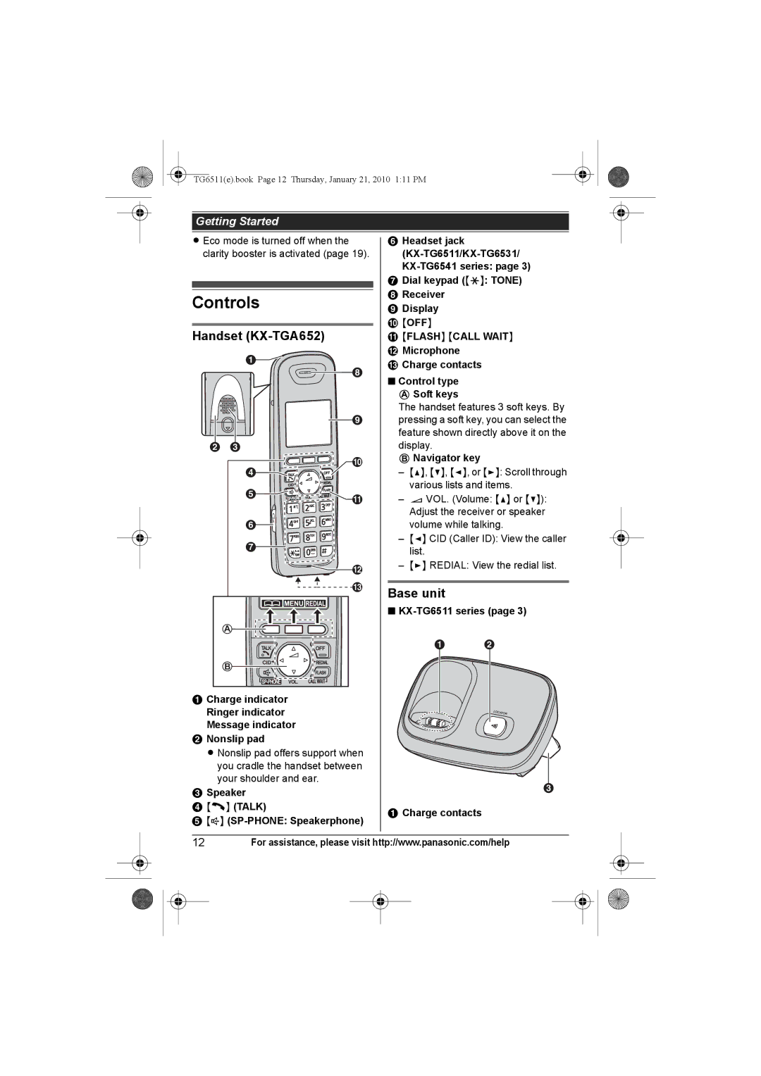 Panasonic KX-TG6542, KX-TG6523, KX-TG6522, KX-TG6511, KX-TG6512 Controls, Handset KX-TGA652, Base unit, OFF Flash Call Wait 