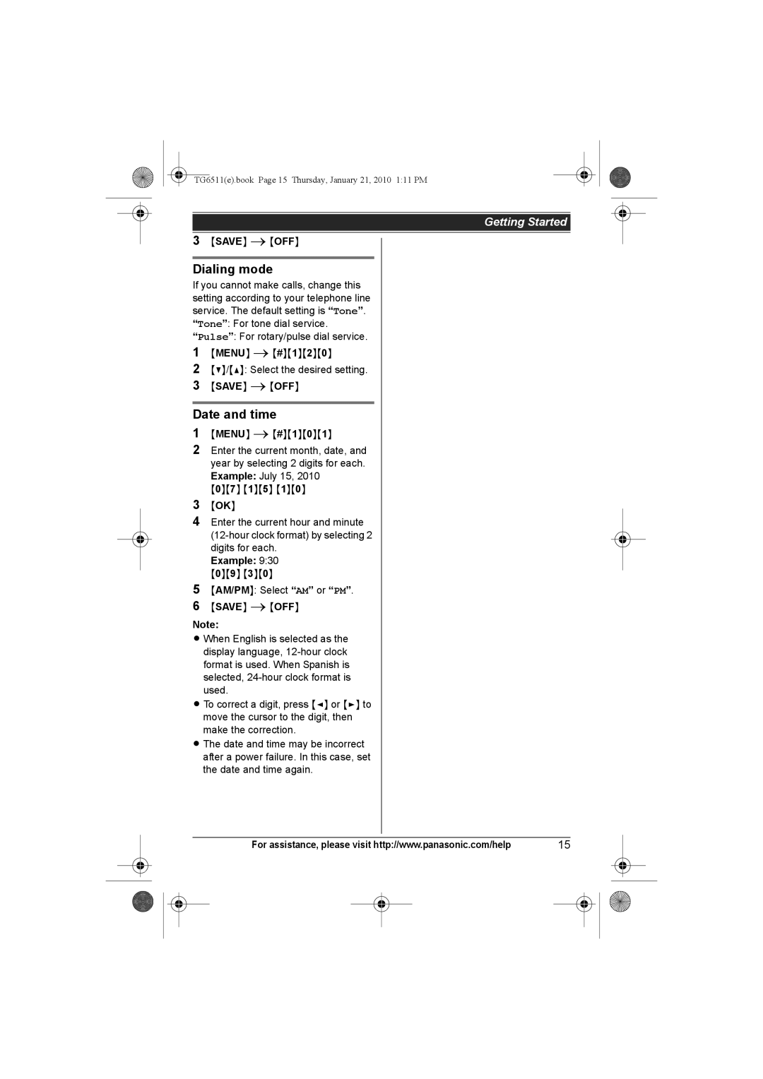 Panasonic KX-TG6525, KX-TG6523, KX-TG6522, KX-TG6511, KX-TG6512, KX-TG6513, KX-TG6541 Dialing mode, Date and time, Example 