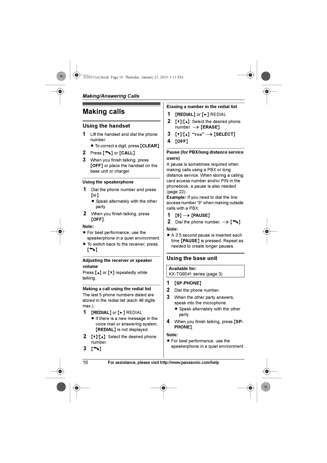 Panasonic KX-TG6523, KX-TG6522, KX-TG6511, KX-TG6512, KX-TG6513 Making calls, Using the handset, Using the base unit, Phone 