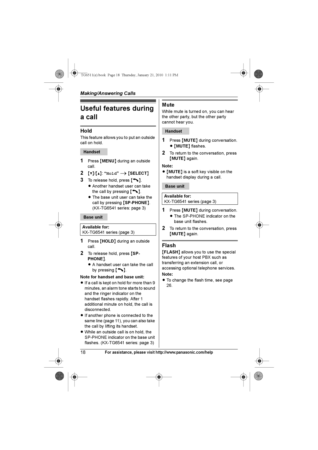 Panasonic KX-TG6511, KX-TG6523, KX-TG6522 Useful features during a call, Hold, Mute, Flash, Base unit Available for 