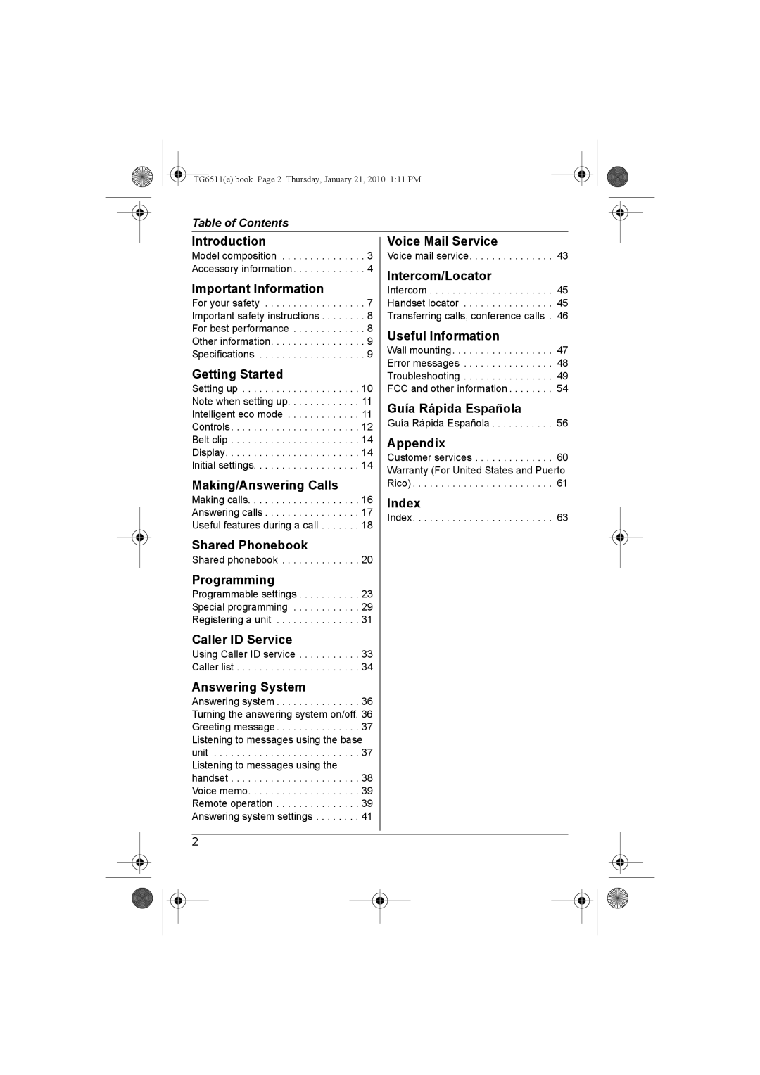 Panasonic KX-TG6511 Introduction, Important Information, Getting Started, Making/Answering Calls, Shared Phonebook, Index 