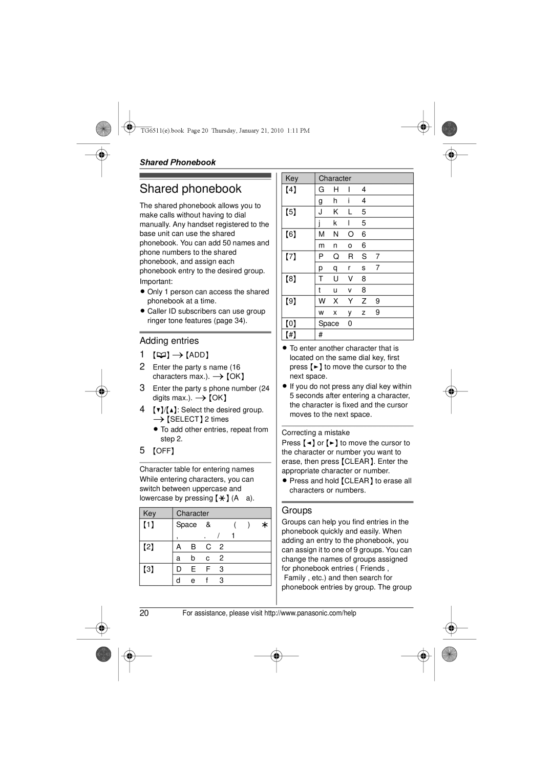 Panasonic KX-TG6513, KX-TG6523, KX-TG6522 Shared phonebook, Adding entries, Groups, Key Character, Correcting a mistake 