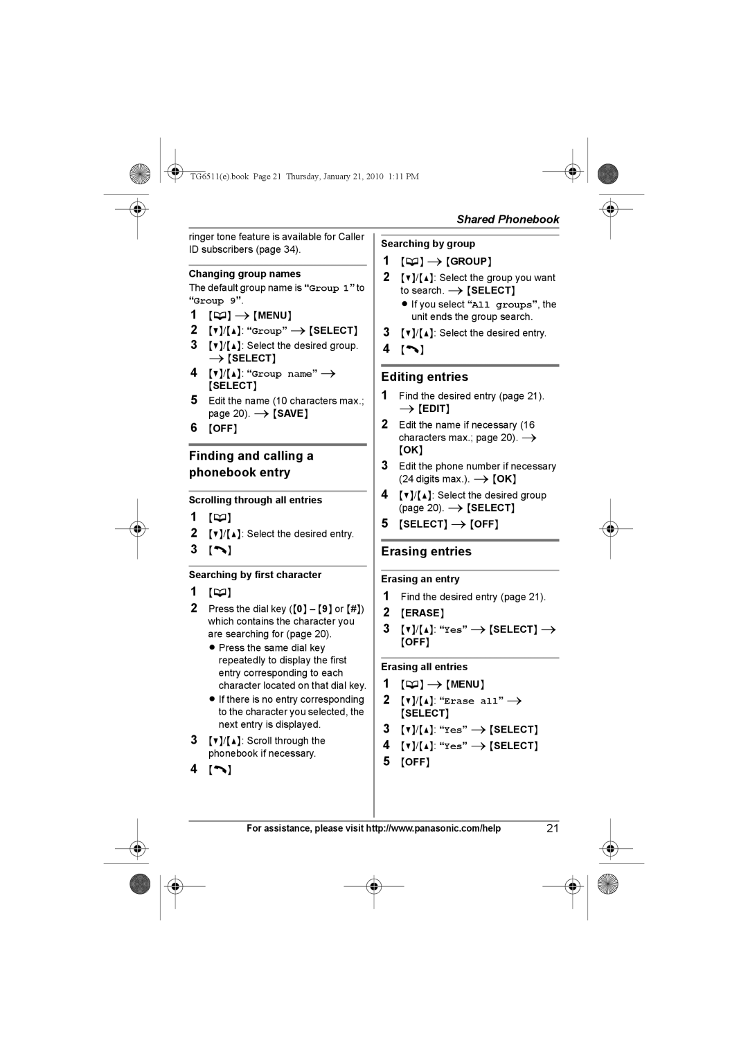 Panasonic KX-TG6541, KX-TG6523 Finding and calling a phonebook entry, Editing entries, Erasing entries, Group name 