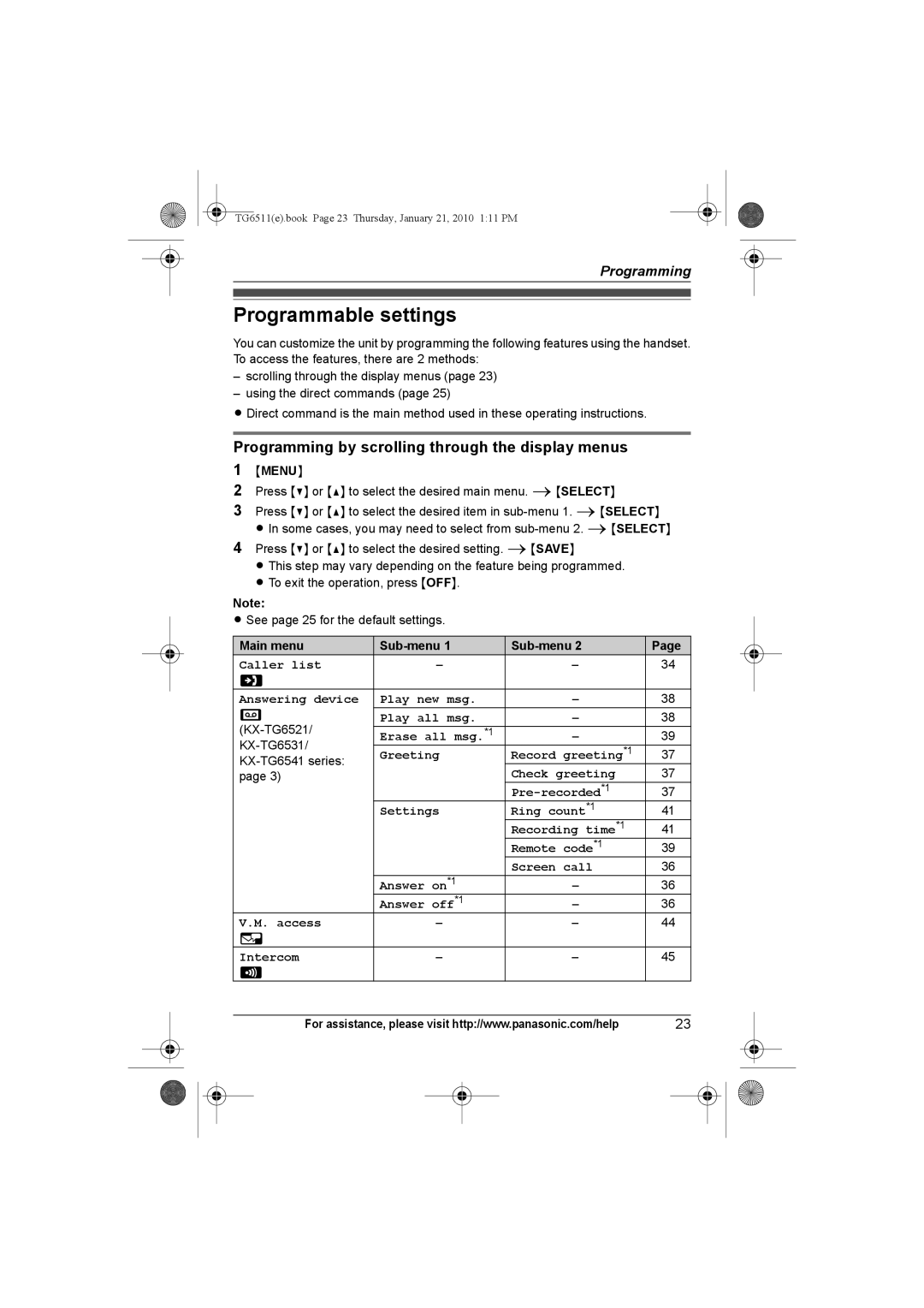 Panasonic KX-TG6524, KX-TG6523 Programmable settings, Programming by scrolling through the display menus, Erase all msg.*1 