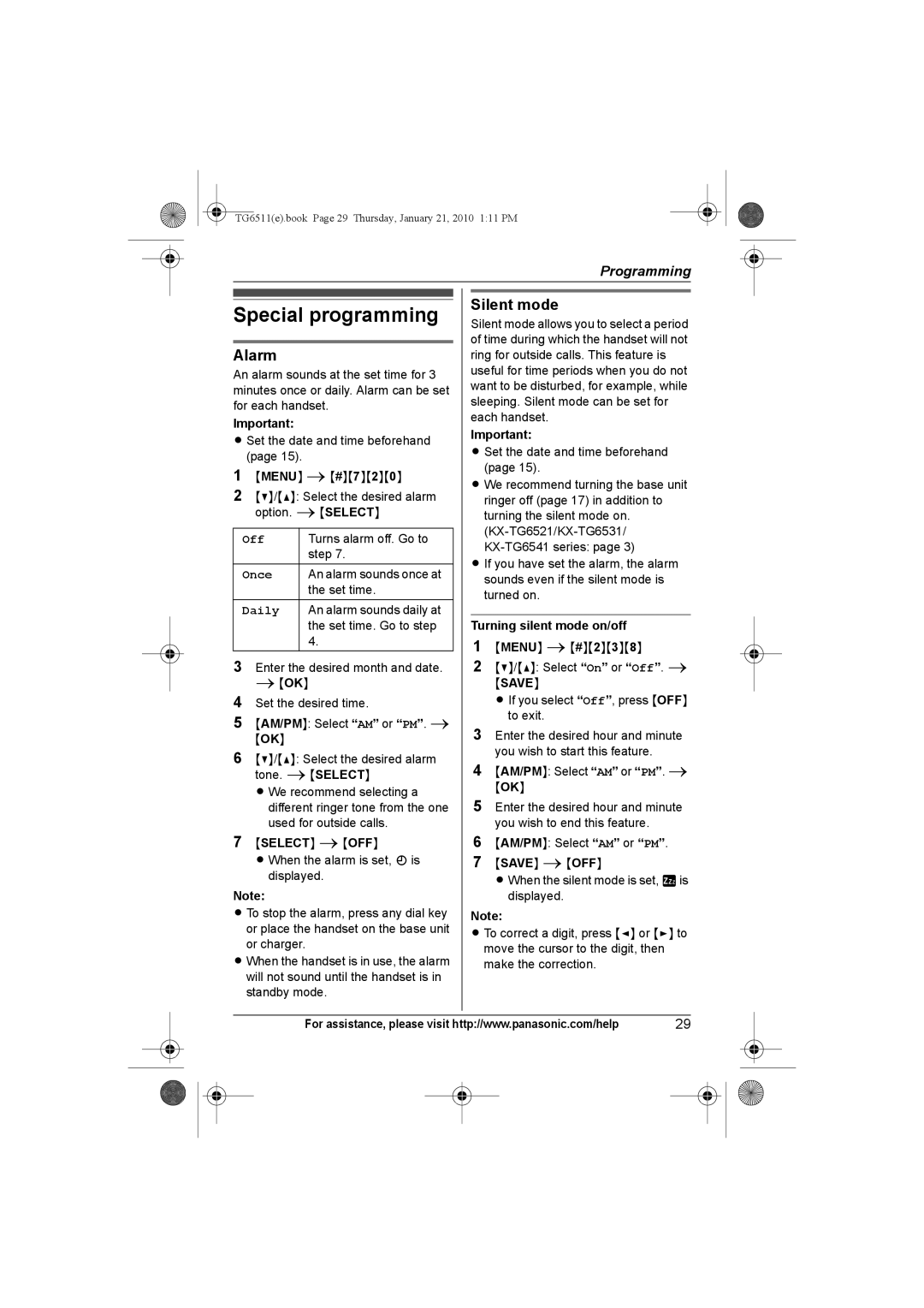 Panasonic KX-TG6533, KX-TG6523, KX-TG6522, KX-TG6511, KX-TG6512, KX-TG6513, KX-TG6541 Special programming, Alarm, Silent mode 