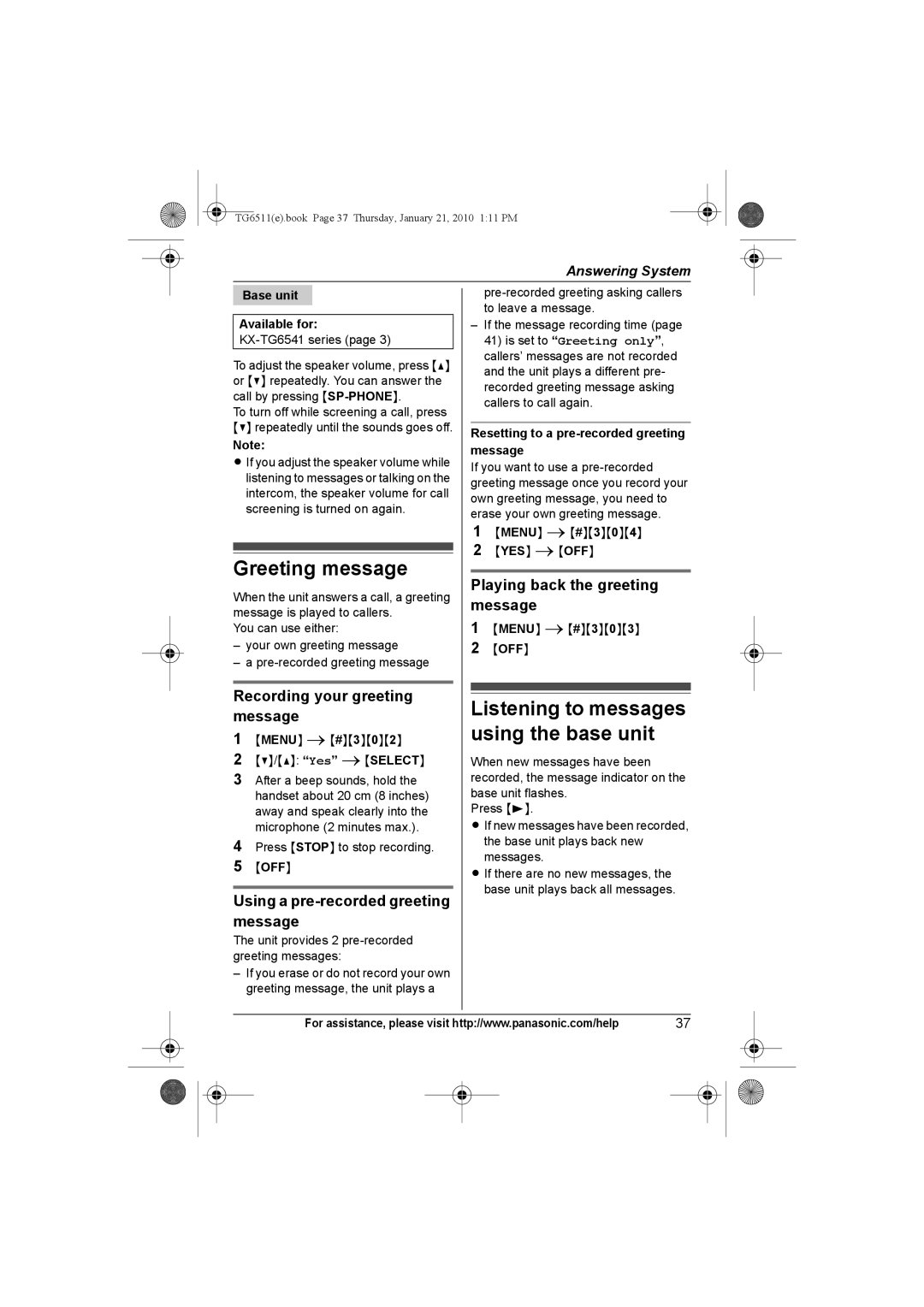 Panasonic KX-TG6541 Greeting message, Listening to messages using the base unit, Recording your greeting message 