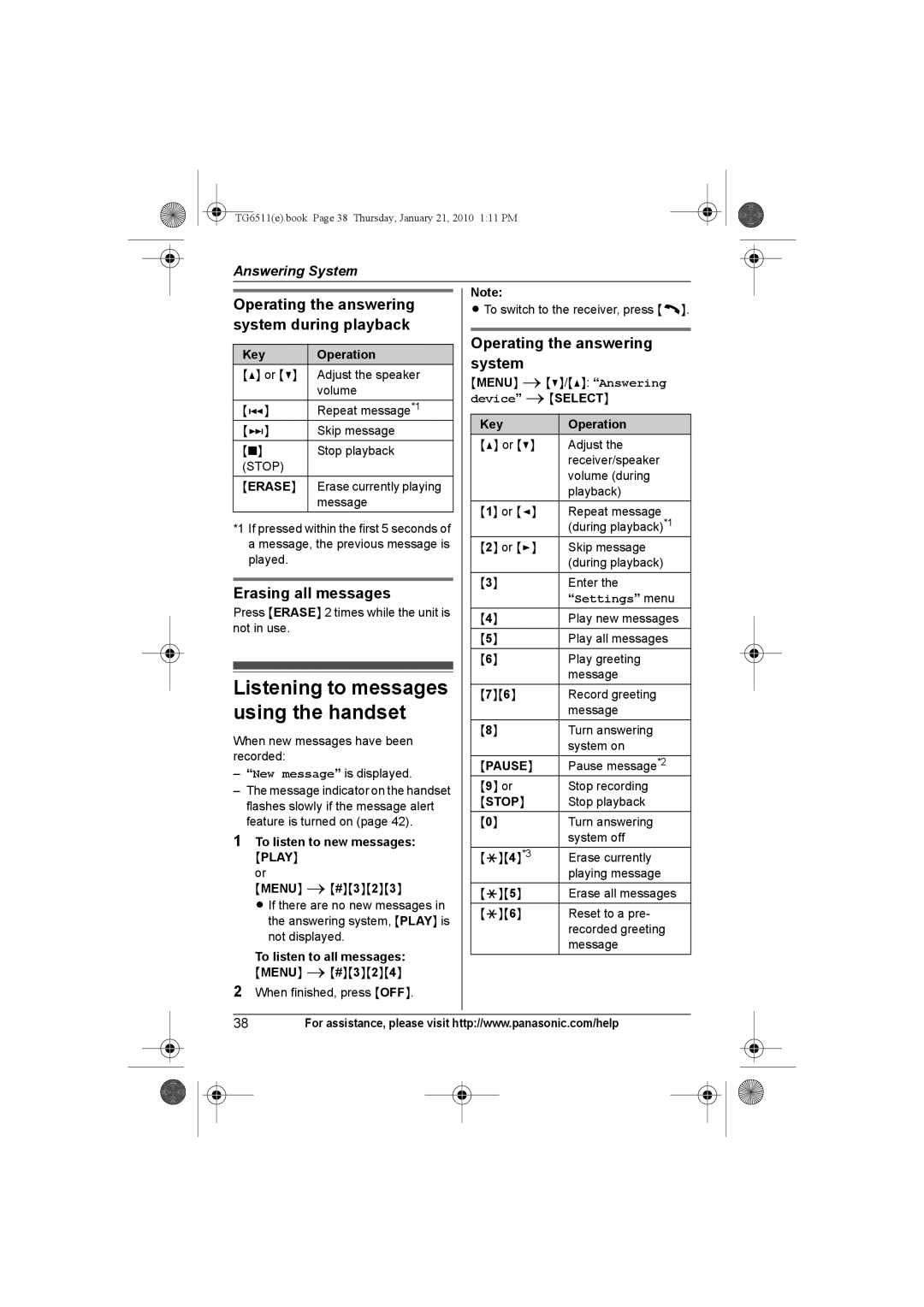 Panasonic KX-TG6531 Listening to messages using the handset, Operating the answering system during playback, Settings menu 