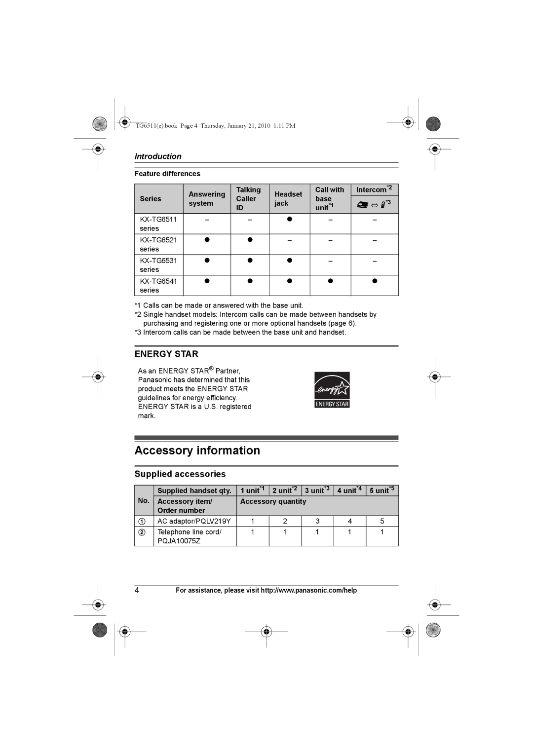 Panasonic KX-TG6513, KX-TG6523, KX-TG6522, KX-TG6511, KX-TG6512, KX-TG6541 Accessory information, Supplied accessories 