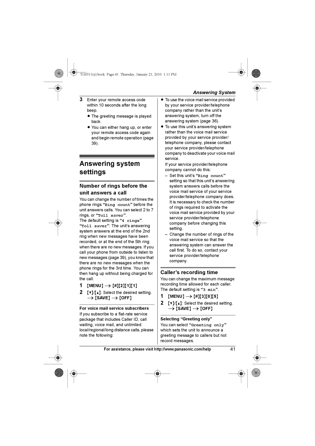 Panasonic KX-TG6545 Answering system settings, Number of rings before the unit answers a call, Caller’s recording time 