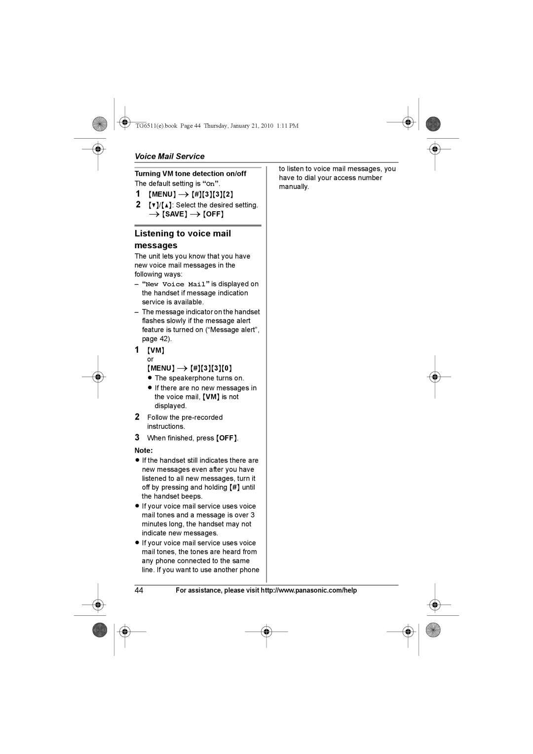 Panasonic KX-TG6542 Listening to voice mail messages, Turning VM tone detection on/off The default setting is On 