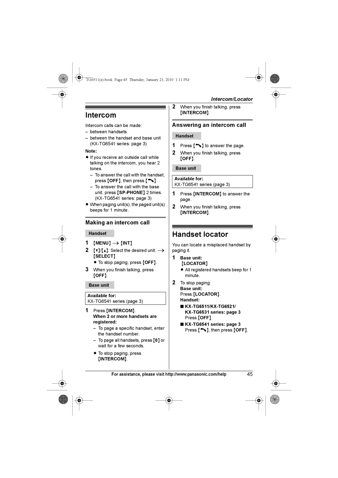 Panasonic KX-TG6533, KX-TG6523, KX-TG6522 Intercom, Handset locator, Making an intercom call, Answering an intercom call 
