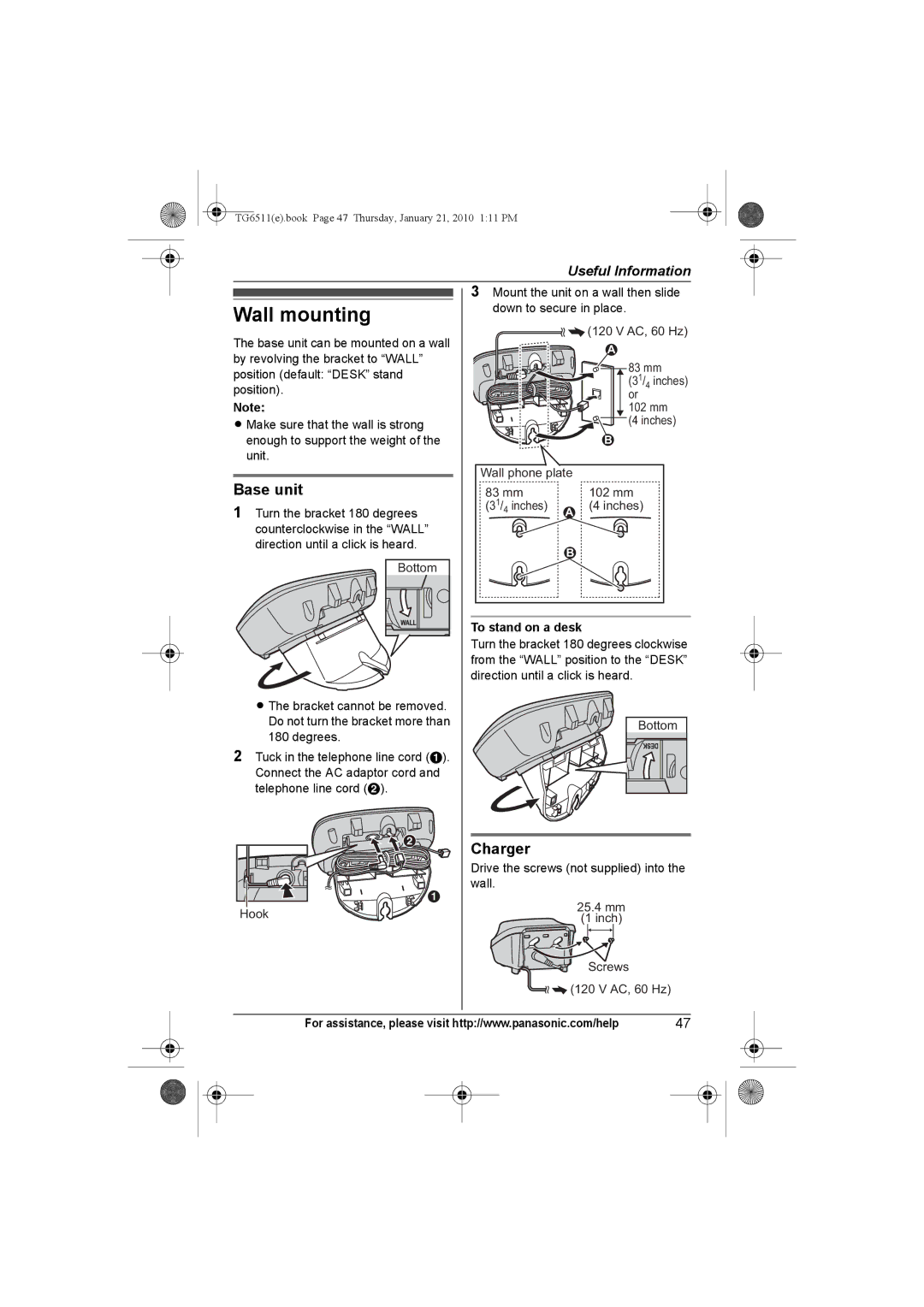 Panasonic KX-TG6525, KX-TG6523, KX-TG6522, KX-TG6511, KX-TG6512, KX-TG6513 Wall mounting, Charger, To stand on a desk 