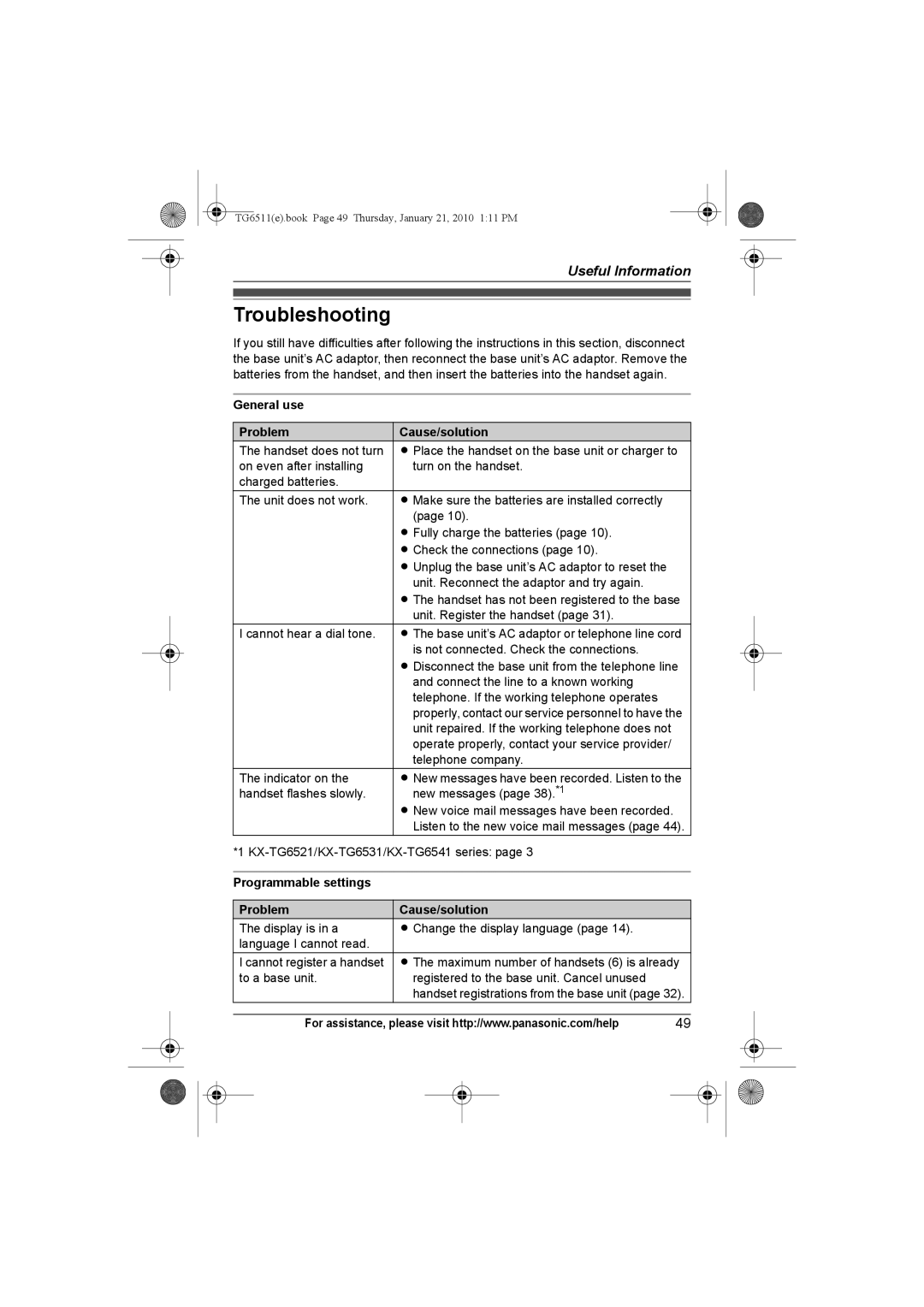 Panasonic KX-TG6522 Troubleshooting, General use Problem Cause/solution, Programmable settings Problem Cause/solution 