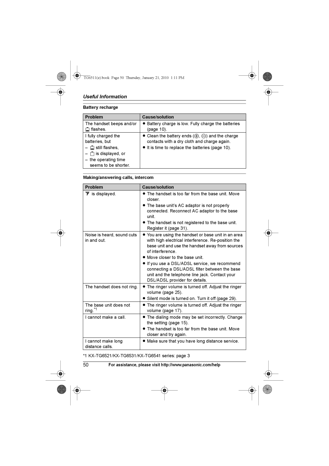 Panasonic KX-TG6511, KX-TG6523, KX-TG6522 Battery recharge Problem Cause/solution, Making/answering calls, intercom 