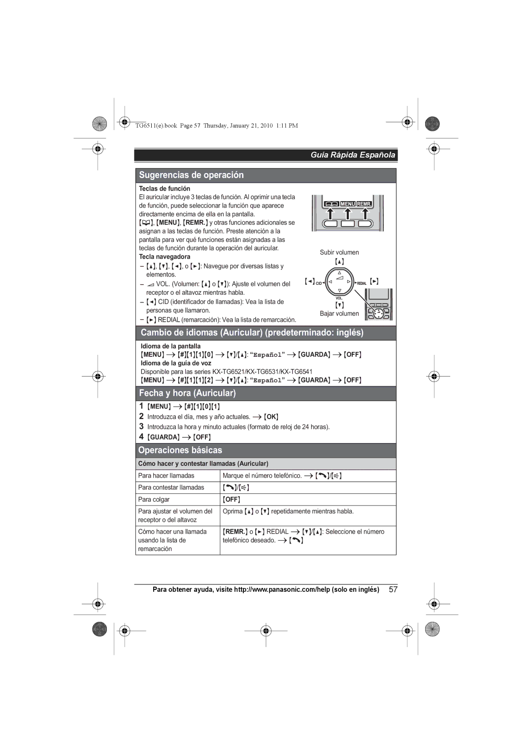 Panasonic KX-TG6545, KX-TG6523, KX-TG6522, KX-TG6511, KX-TG6512, KX-TG6513, KX-TG6541, KX-TG6531 Sugerencias de operación 