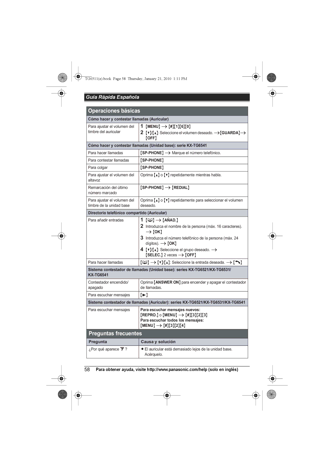 Panasonic KX-TG6544, KX-TG6523, KX-TG6522, KX-TG6511, KX-TG6512, KX-TG6513, KX-TG6541, KX-TG6531, KX-TG6524 Preguntas frecuentes 