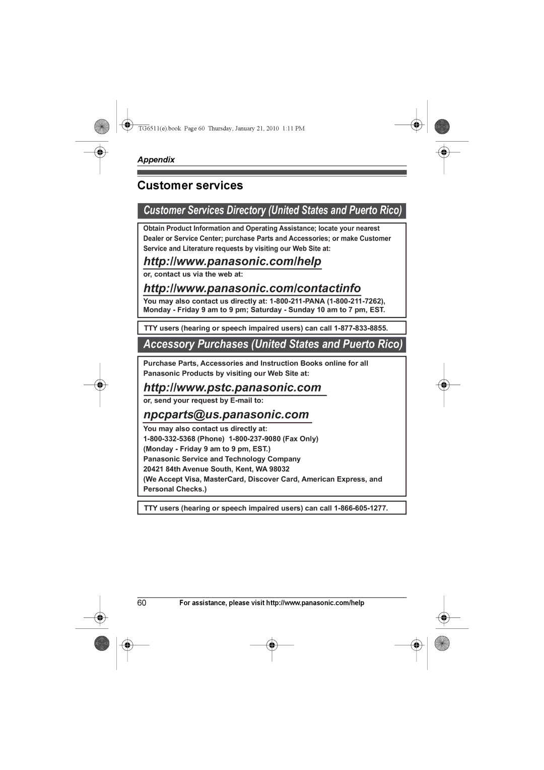 Panasonic KX-TG6542 Customer services, Or, contact us via the web at, TTY users hearing or speech impaired users can call 