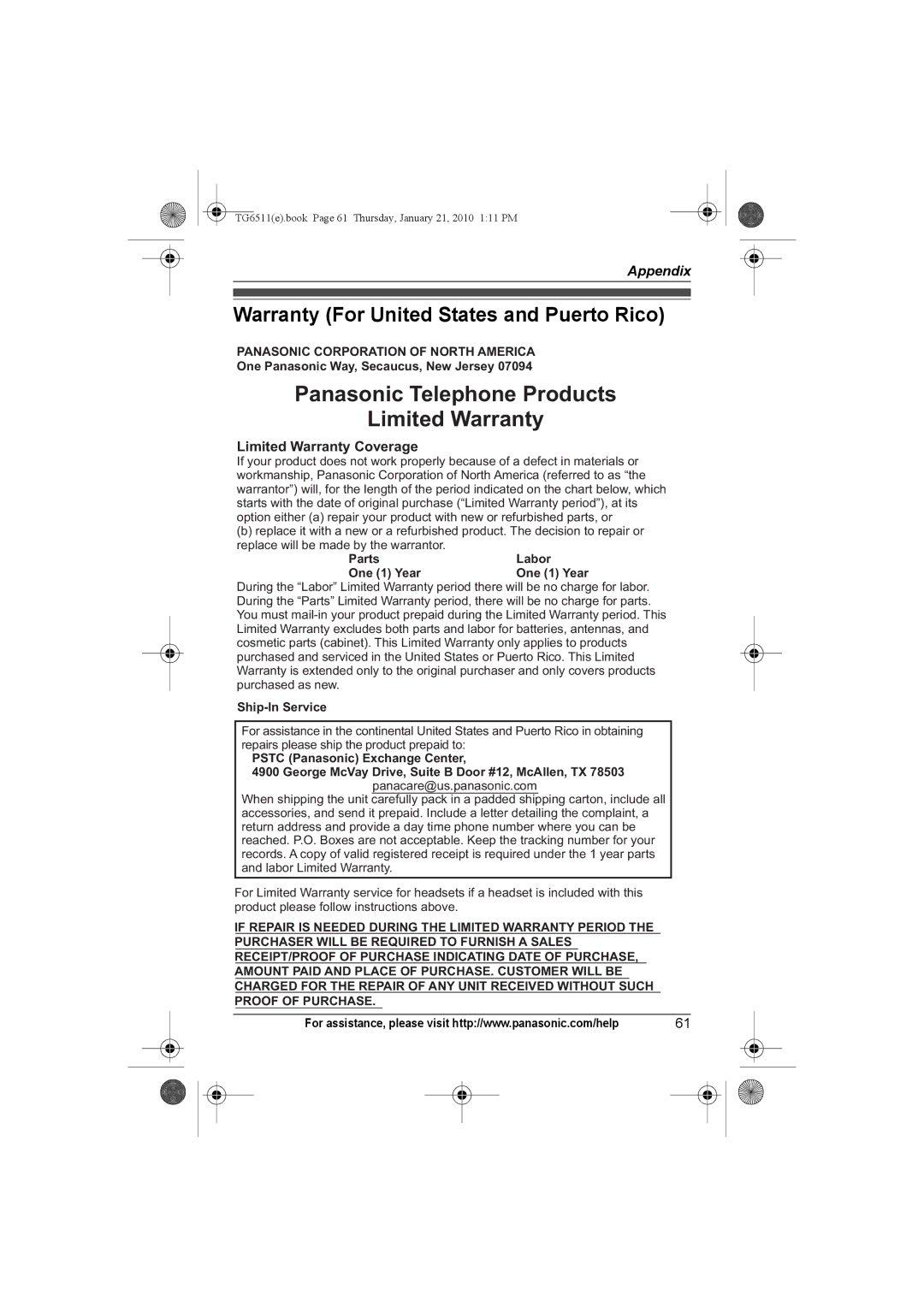 Panasonic KX-TG6533 Warranty For United States and Puerto Rico, Panasonic Corporation of North America, Ship-In Service 