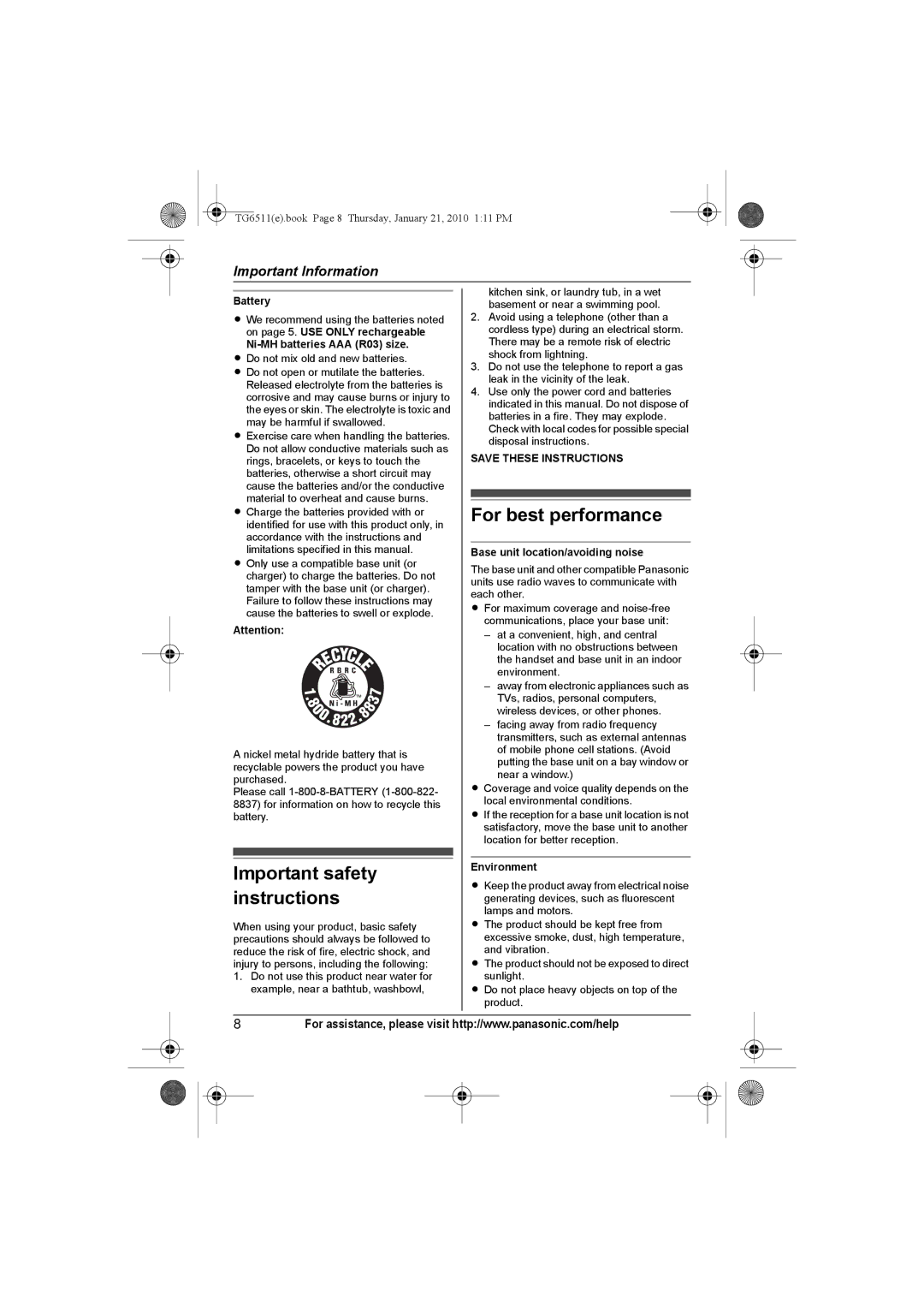 Panasonic KX-TG6534, KX-TG6523, KX-TG6522, KX-TG6511, KX-TG6512, KX-TG6513, KX-TG6541, KX-TG6531 Important safety instructions 