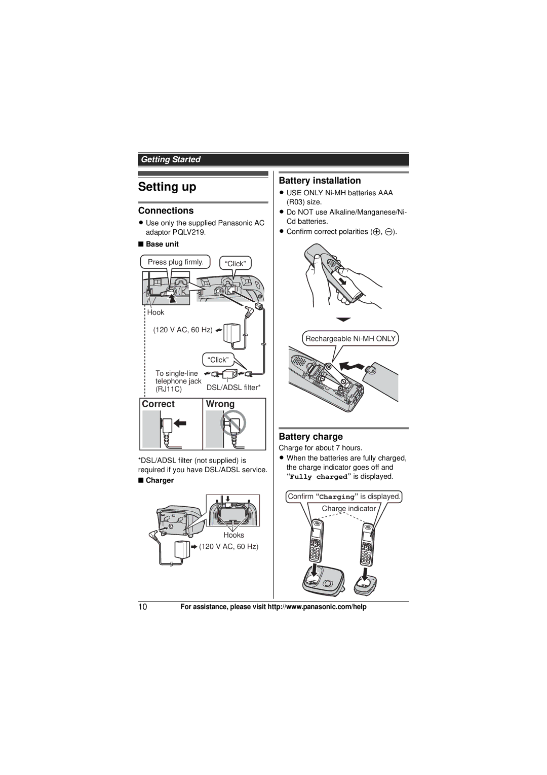 Panasonic KX-TG6545, KX-TG6523, KX-TG6522 Setting up, Connections, Correct Wrong, Battery installation, Battery charge 