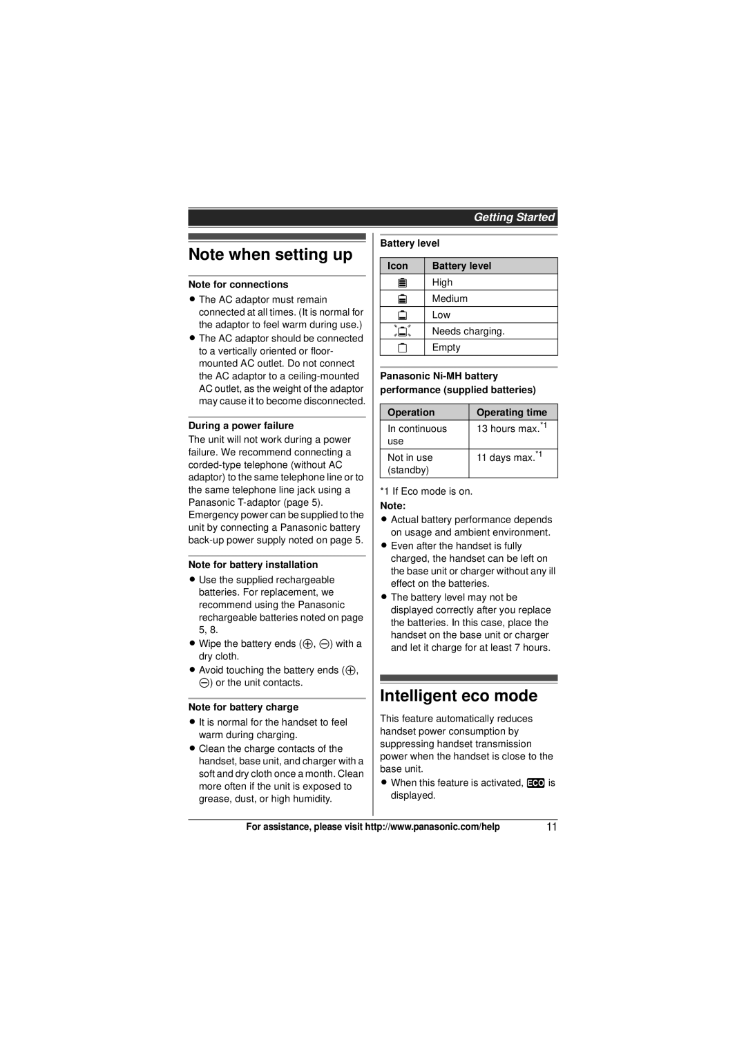 Panasonic KX-TG6544, KX-TG6523 Intelligent eco mode, During a power failure, Battery level Icon, Operation Operating time 