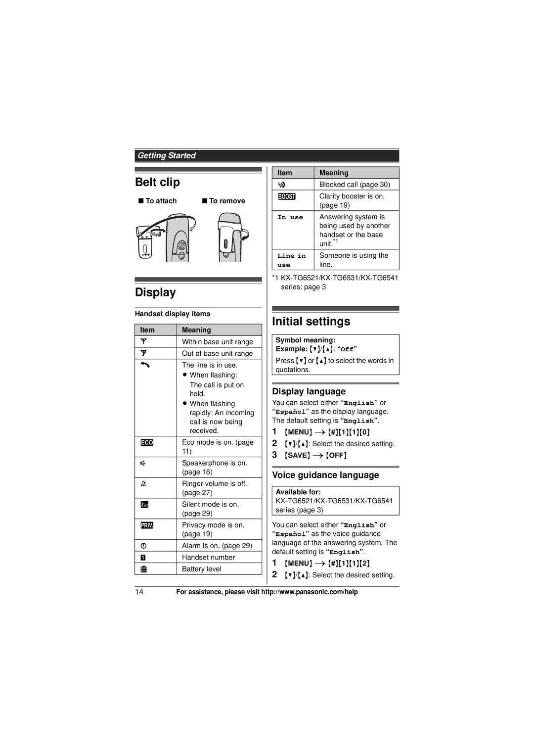 Panasonic KX-TG6533, KX-TG6523, KX-TG6522 Belt clip, Initial settings, Display language, Voice guidance language 