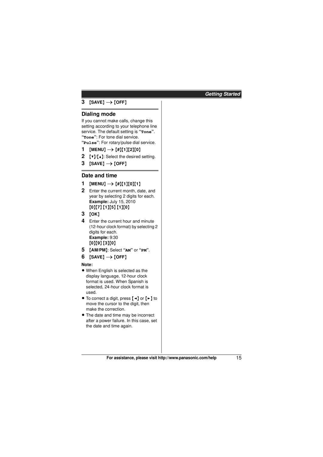 Panasonic KX-TG6543, KX-TG6523, KX-TG6522, KX-TG6511, KX-TG6512, KX-TG6513, KX-TG6572 Dialing mode, Date and time, Example 