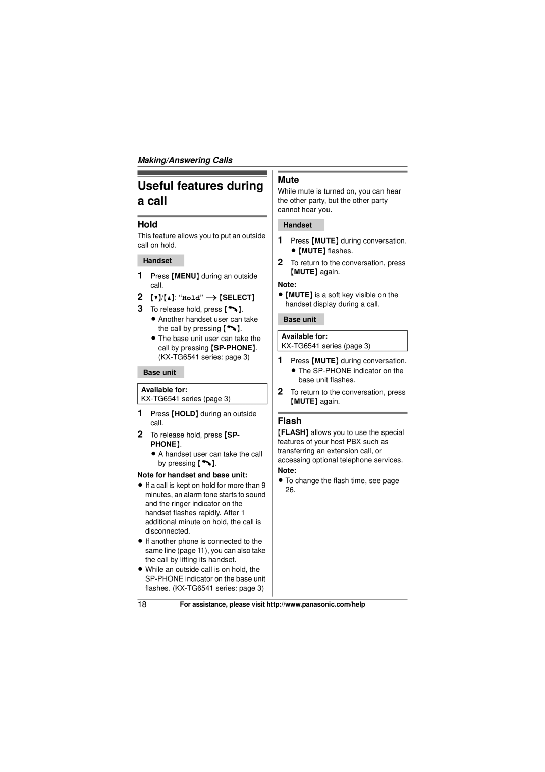 Panasonic KX-TG6522, KX-TG6523, KX-TG6511 Useful features during a call, Hold, Mute, Flash, Base unit Available for 