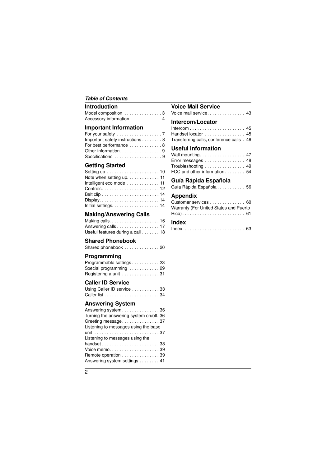 Panasonic KX-TG6511 Introduction, Important Information, Getting Started, Making/Answering Calls, Shared Phonebook, Index 