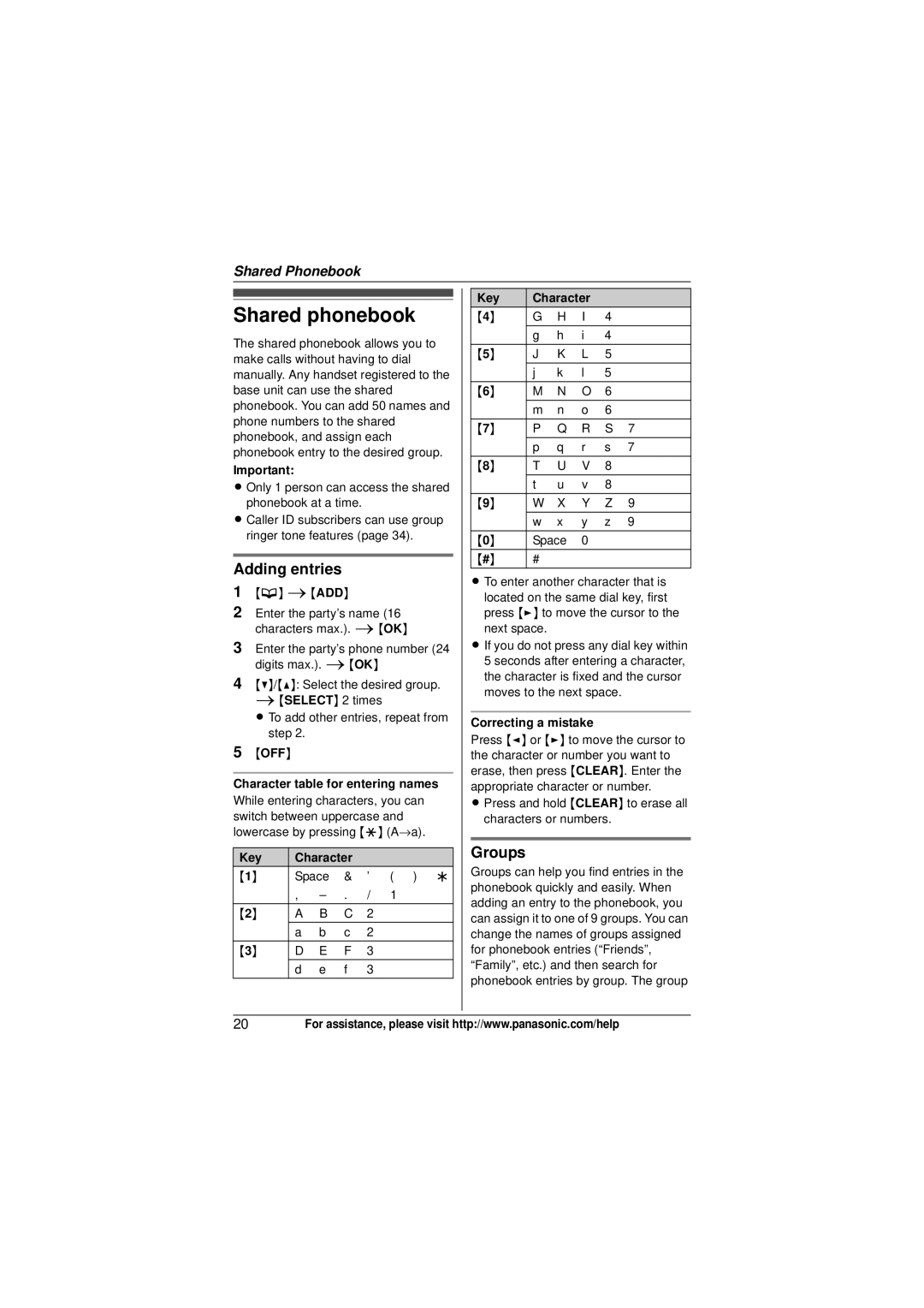 Panasonic KX-TG6512, KX-TG6523, KX-TG6522, KX-TG6511, KX-TG6513, KX-TG6572, KX-TG6541 Shared phonebook, Adding entries, Groups 