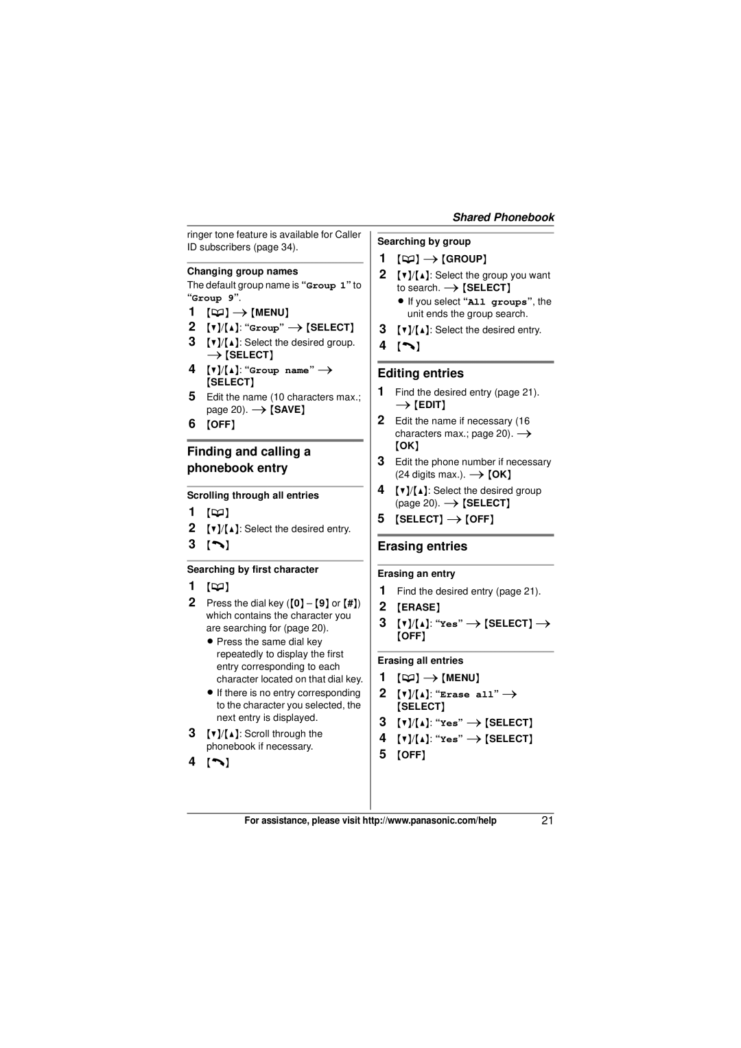 Panasonic KX-TG6513, KX-TG6523 Finding and calling a phonebook entry, Editing entries, Erasing entries, Group name 