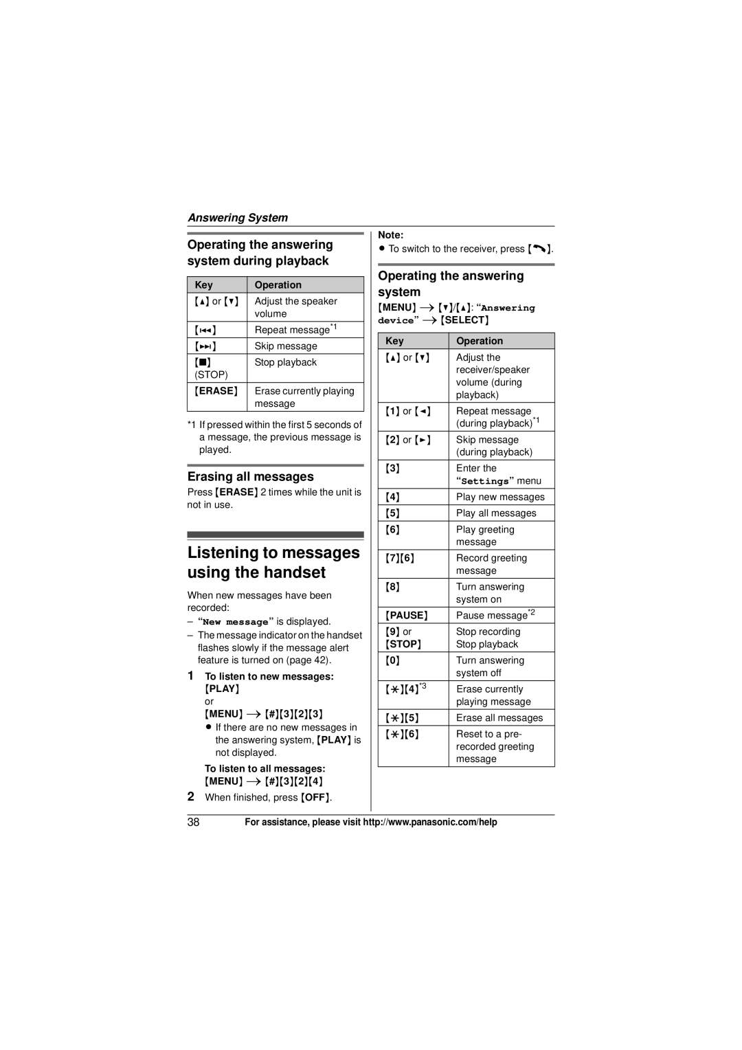 Panasonic KX-TG6513 Listening to messages using the handset, Operating the answering system during playback, Settings menu 