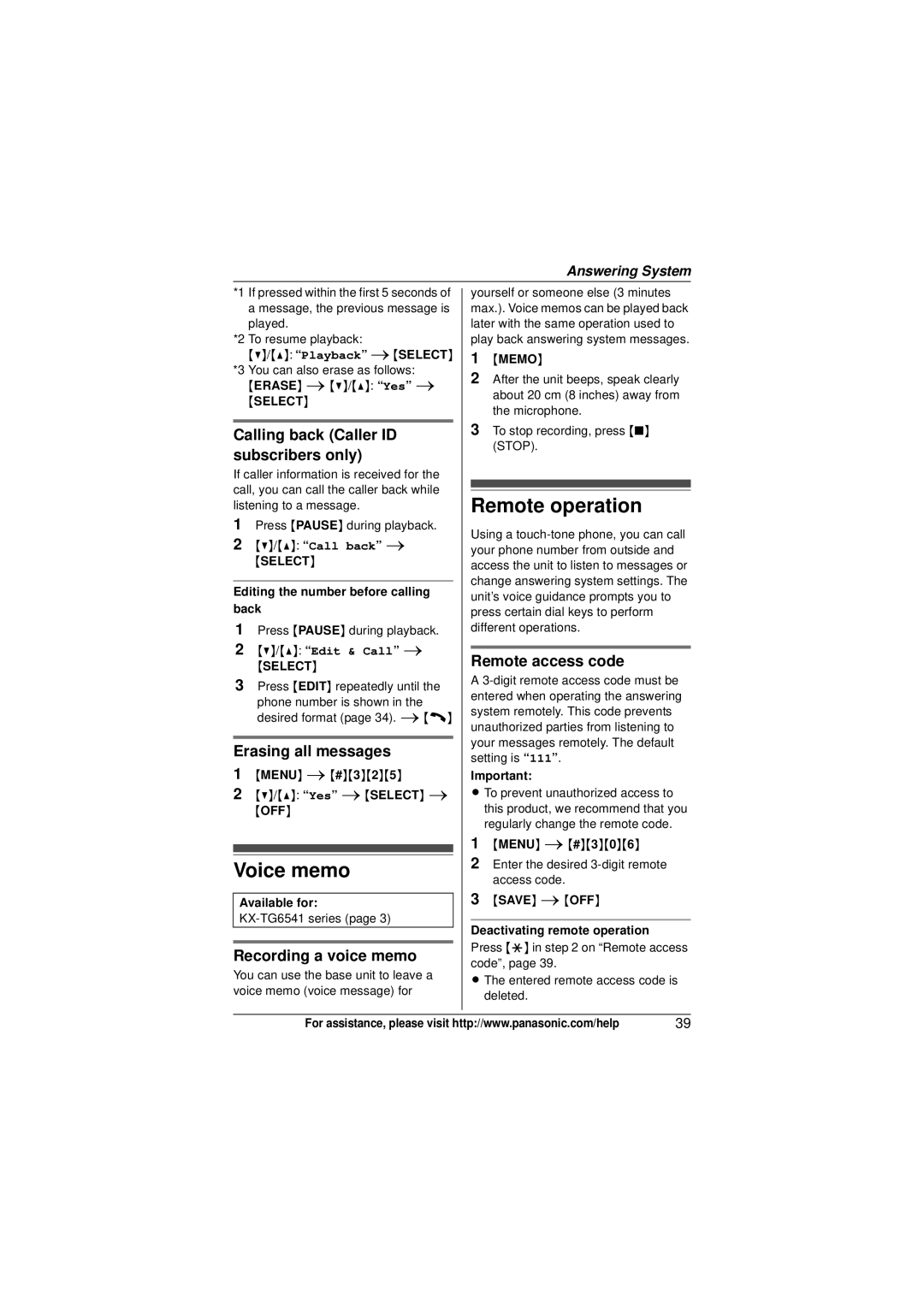 Panasonic KX-TG6572 Voice memo, Remote operation, Calling back Caller ID subscribers only, Recording a voice memo 