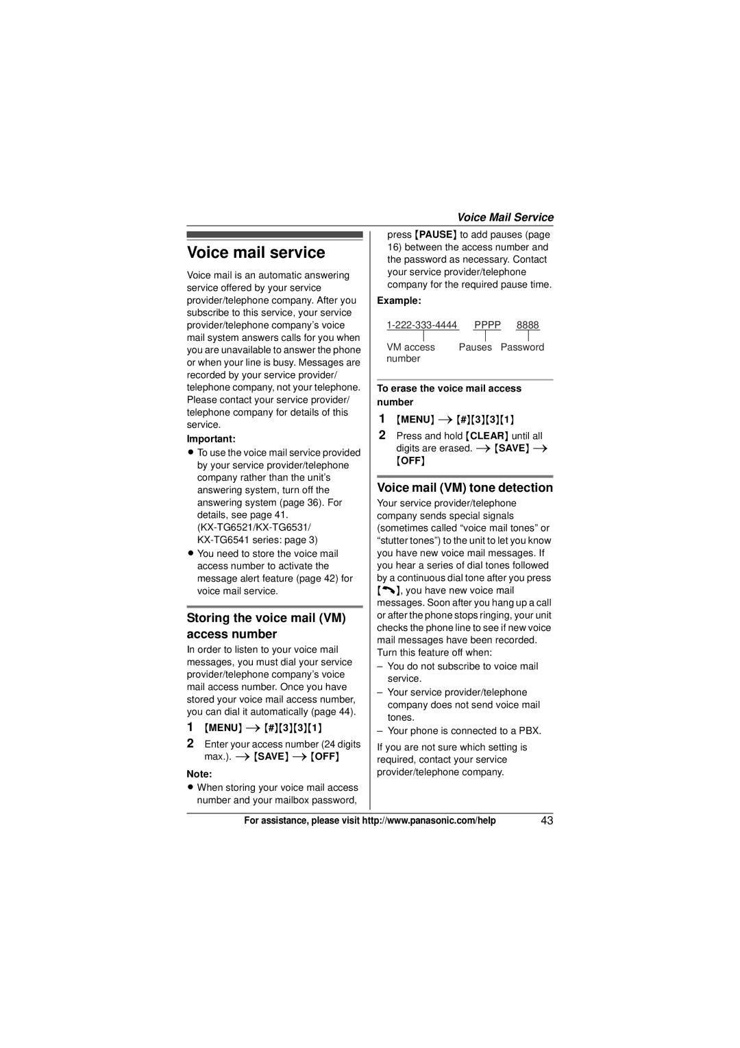 Panasonic KX-TG6534, KX-TG6523 Voice mail service, Storing the voice mail VM access number, Voice mail VM tone detection 