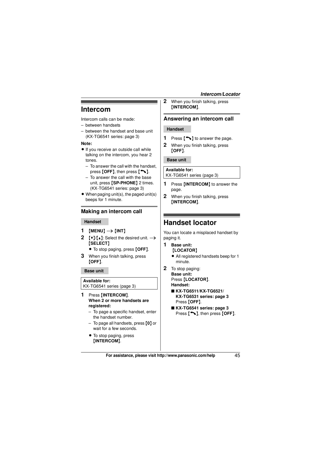 Panasonic KX-TG6544, KX-TG6523, KX-TG6522 Intercom, Handset locator, Making an intercom call, Answering an intercom call 