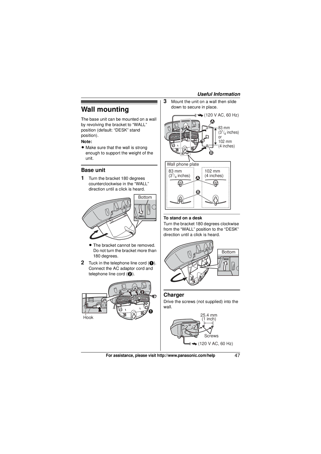 Panasonic KX-TG6542, KX-TG6523, KX-TG6522, KX-TG6511, KX-TG6512, KX-TG6513 Wall mounting, Charger, To stand on a desk 