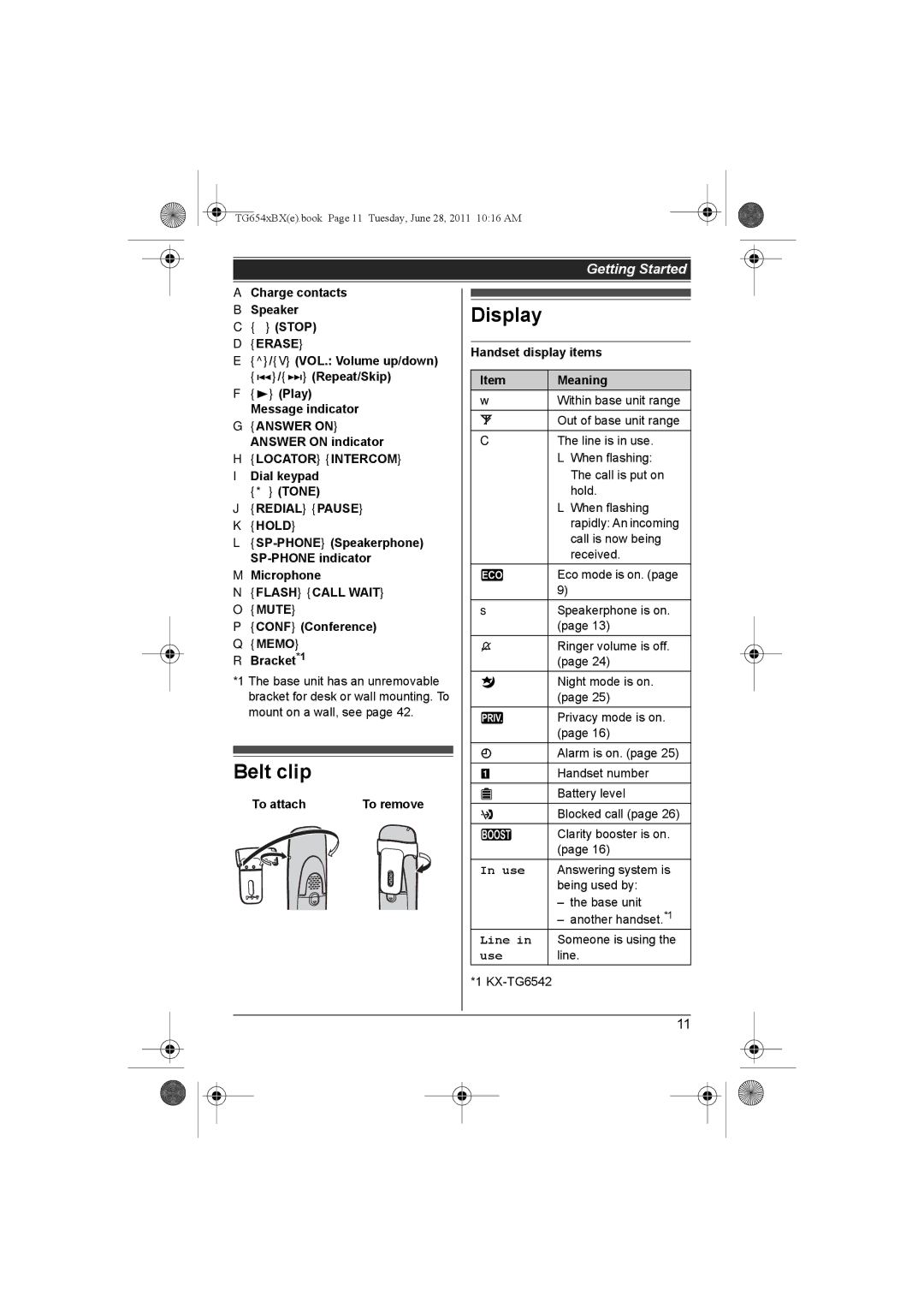 Panasonic KX-TG6542BX, KX-TG6541BX operating instructions Belt clip, Display 