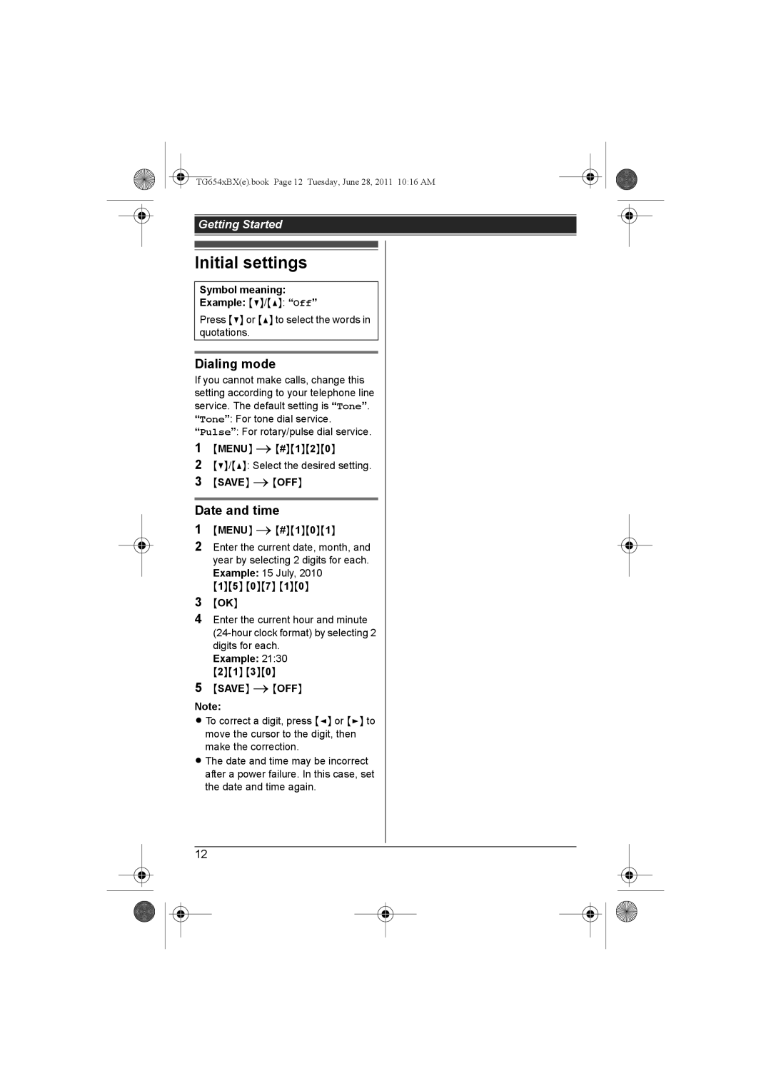 Panasonic KX-TG6541BX, KX-TG6542BX operating instructions Initial settings, Dialing mode, Date and time 