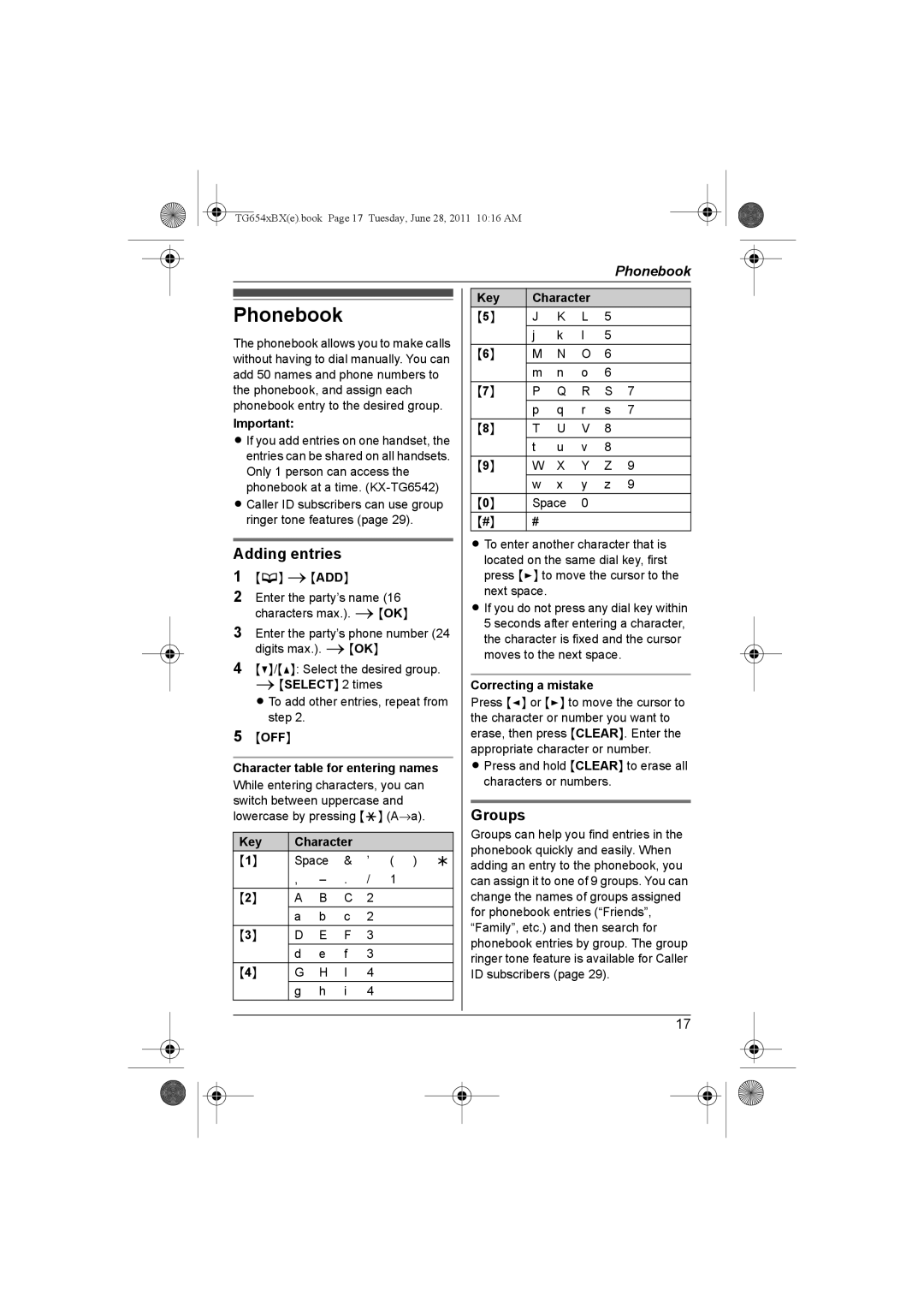 Panasonic KX-TG6542BX, KX-TG6541BX operating instructions Phonebook, Adding entries, Groups 