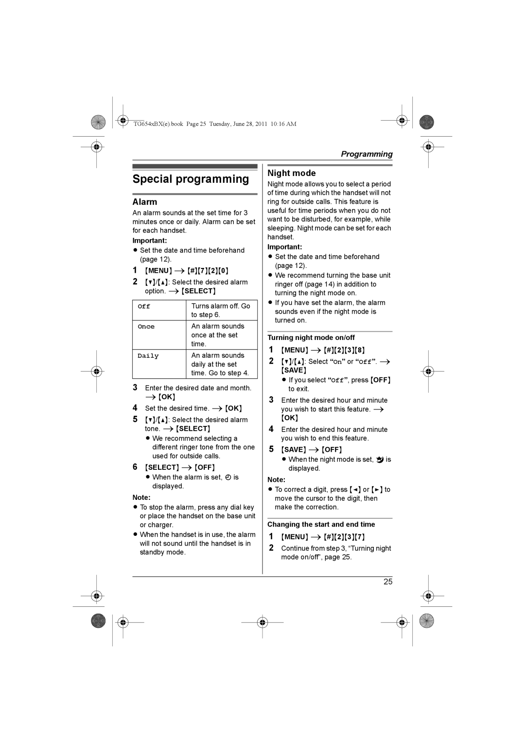 Panasonic KX-TG6542BX, KX-TG6541BX operating instructions Special programming, Alarm, Night mode, Save 