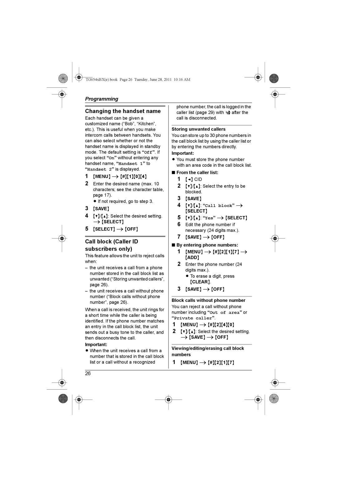 Panasonic KX-TG6541BX, KX-TG6542BX operating instructions Changing the handset name, Call block Caller ID, Subscribers only 