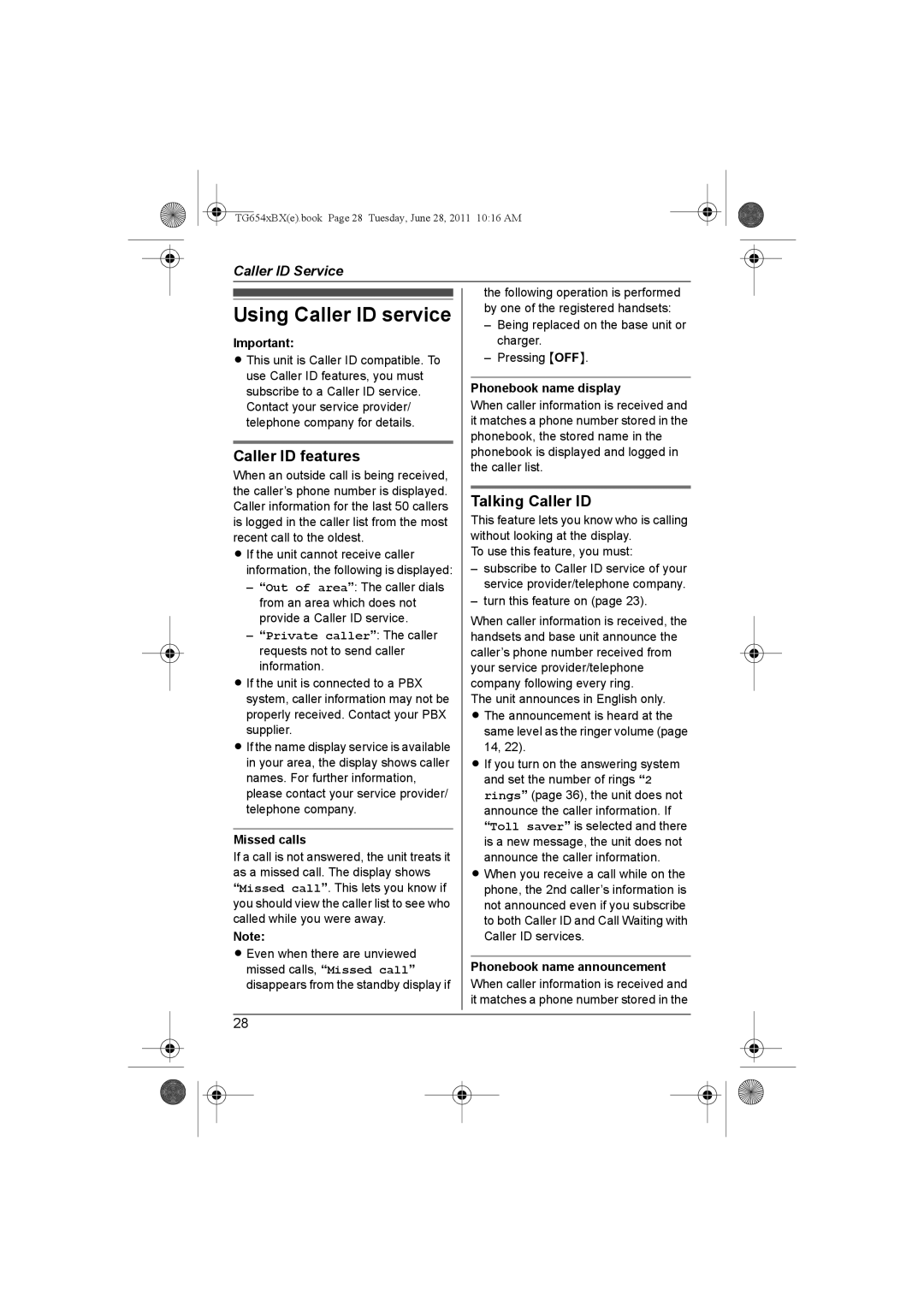 Panasonic KX-TG6541BX Using Caller ID service, Caller ID features, Talking Caller ID, Missed calls, Phonebook name display 