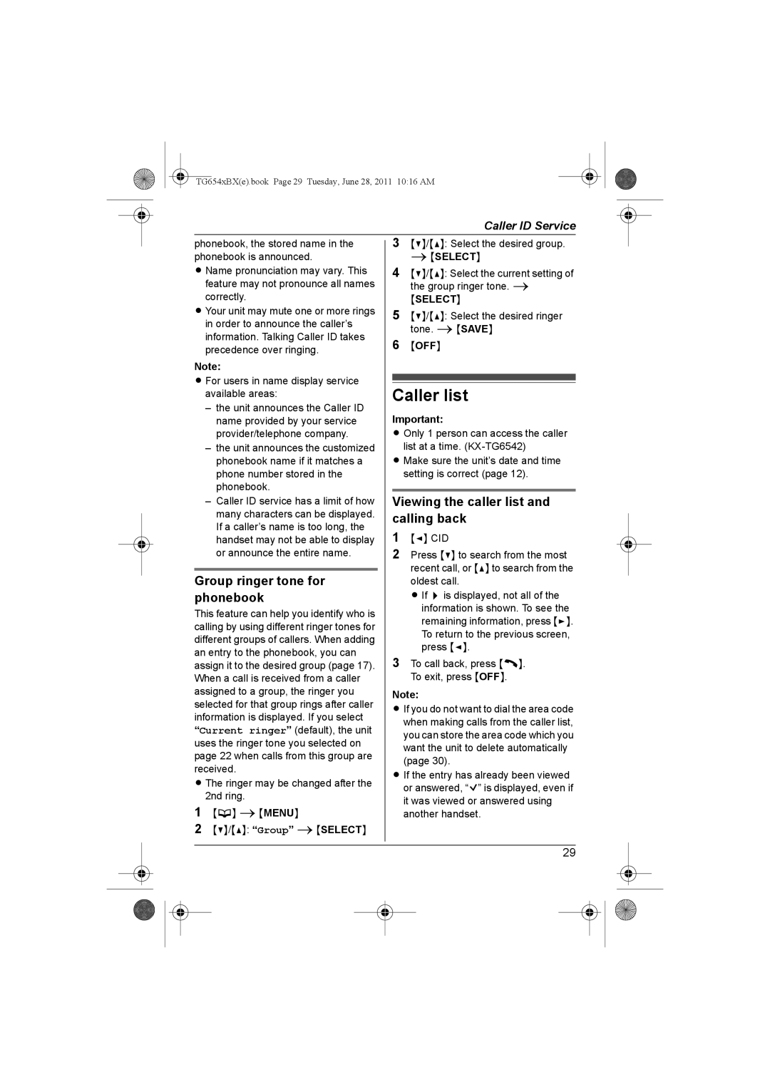 Panasonic KX-TG6542BX, KX-TG6541BX Caller list, Viewing the caller list, Calling back, Group ringer tone for, Select 