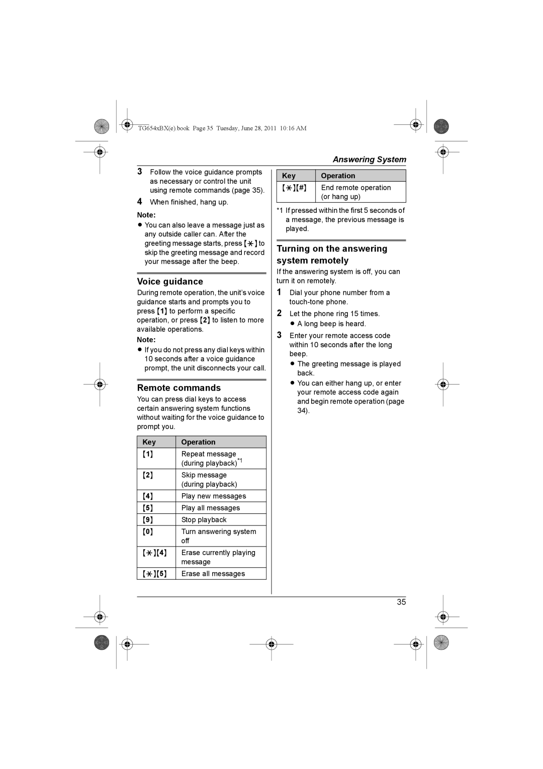 Panasonic KX-TG6542BX, KX-TG6541BX Voice guidance, Remote commands, Turning on the answering system remotely 