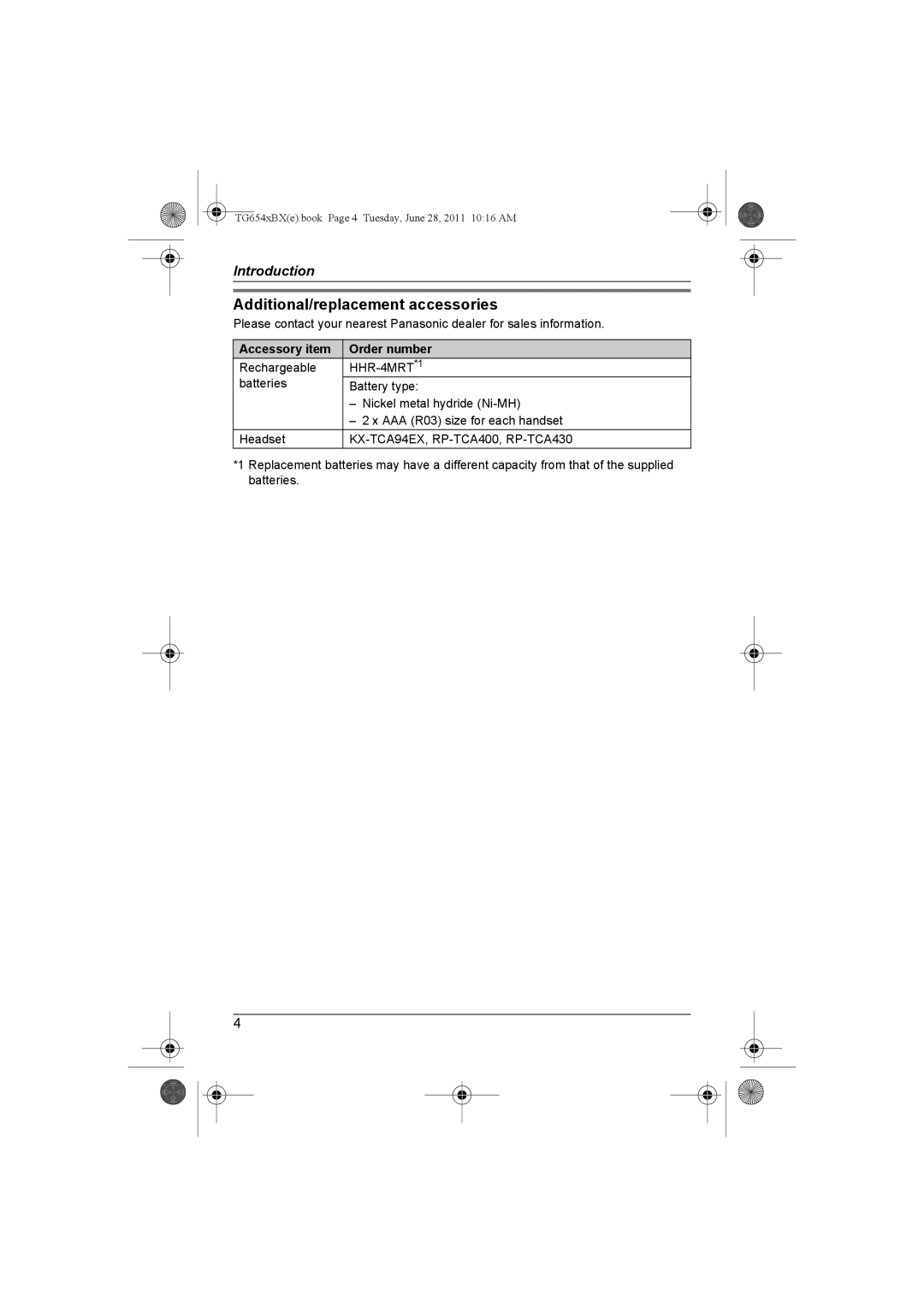 Panasonic KX-TG6541BX, KX-TG6542BX operating instructions Additional/replacement accessories, Accessory item Order number 